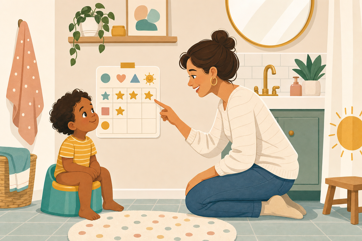 Flat illustration of a parent gently encouraging a toddler on a training potty next to a wall sticker chart with star stickers, in a warm, modern bathroom setting.