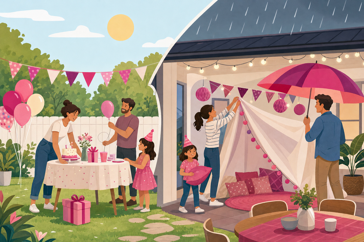 Flat illustration showing an outdoor birthday party transitioning into an indoor backup setup as rain begins, symbolizing a rain plan for kids' birthday parties.