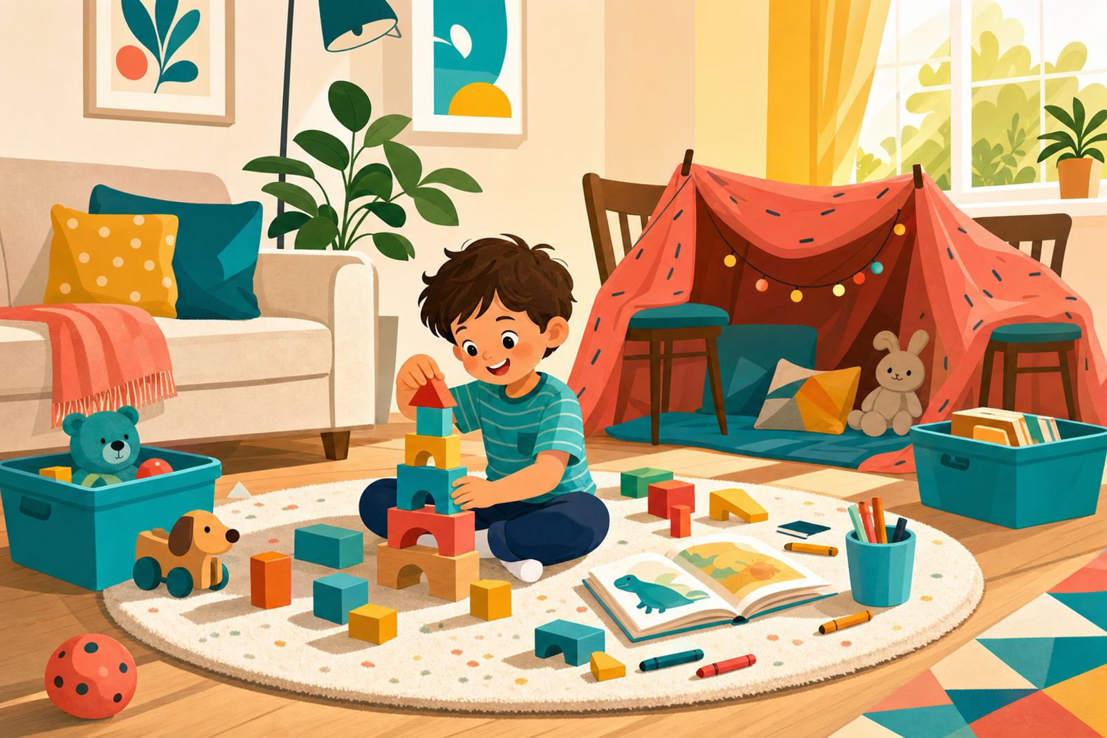 Flat illustration of a young child playing independently with blocks and toys in a bright, cozy living room corner with teal accents.