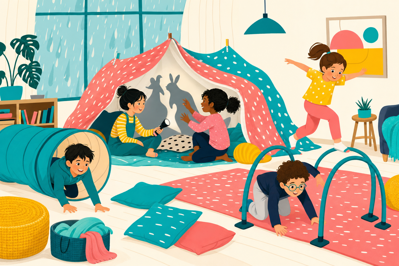 Children playing active indoor games like building forts and shadow puppets on a rainy day, illustrated in modern flat style