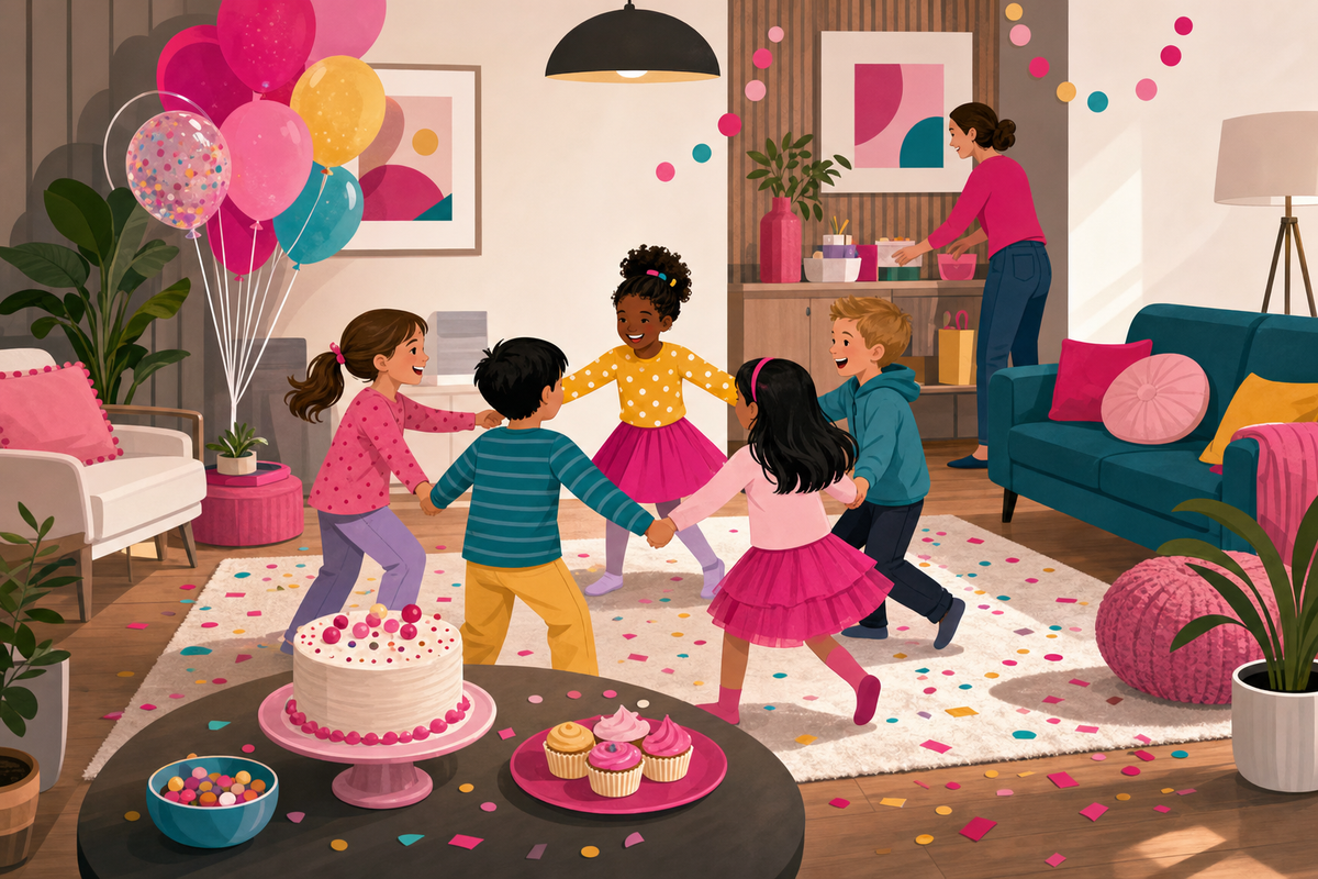 Illustration of children playing at a streamlined birthday party in a living room with one parent supervising