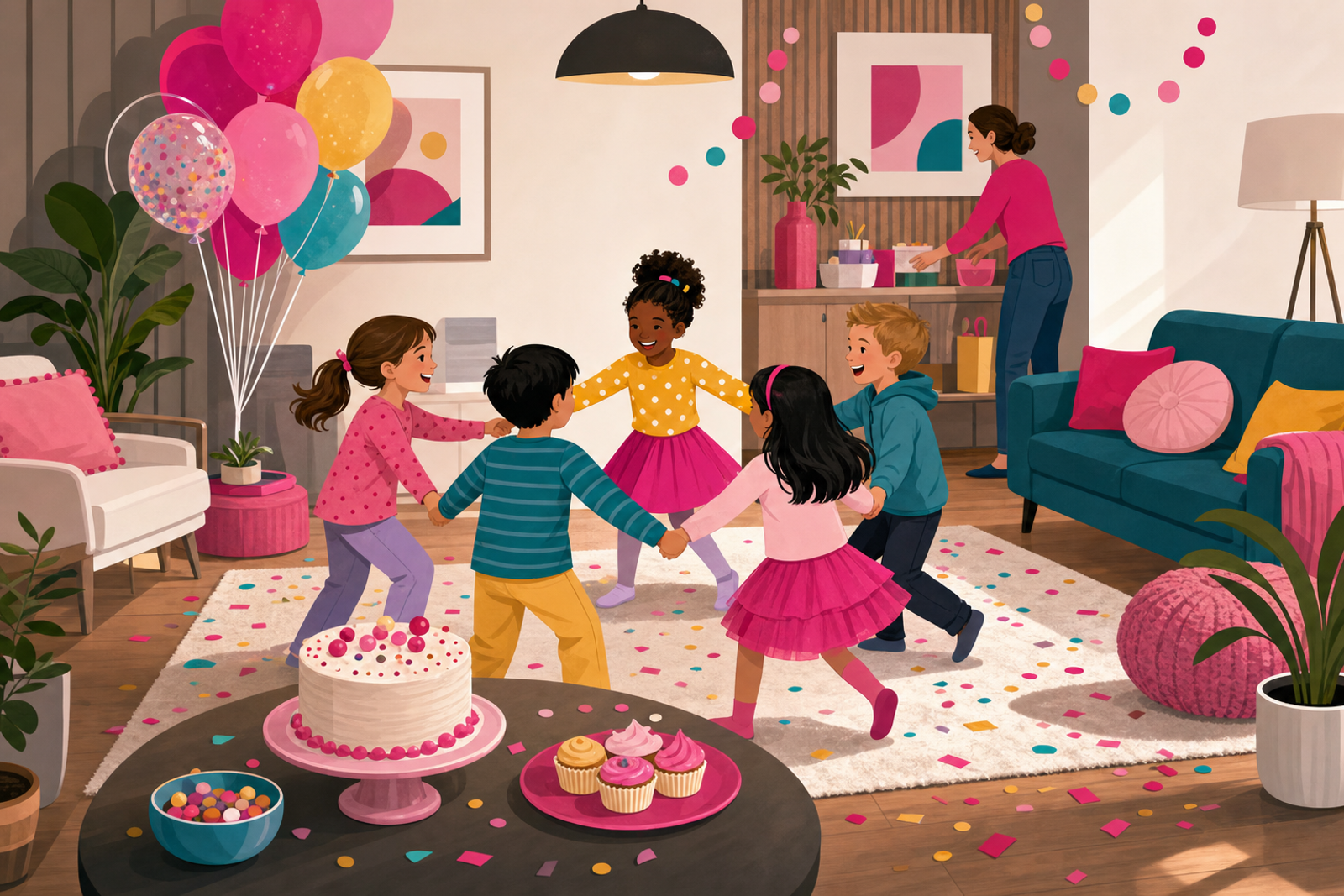Illustration of children playing at a streamlined birthday party in a living room with one parent supervising