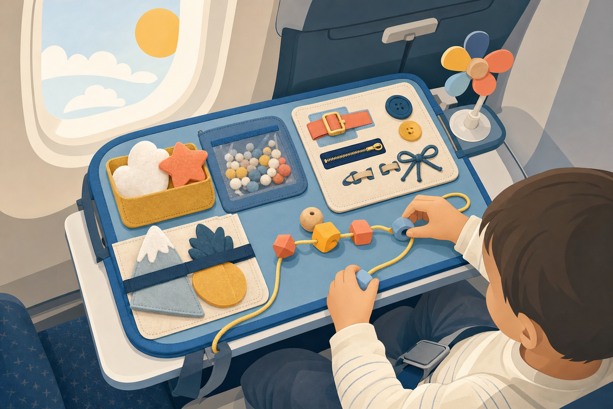 Illustration of a toddler airplane travel tray filled with screen-free busy activities like lacing beads, a felt busy board, and soft sensory toys, set against an airplane window with clouds.