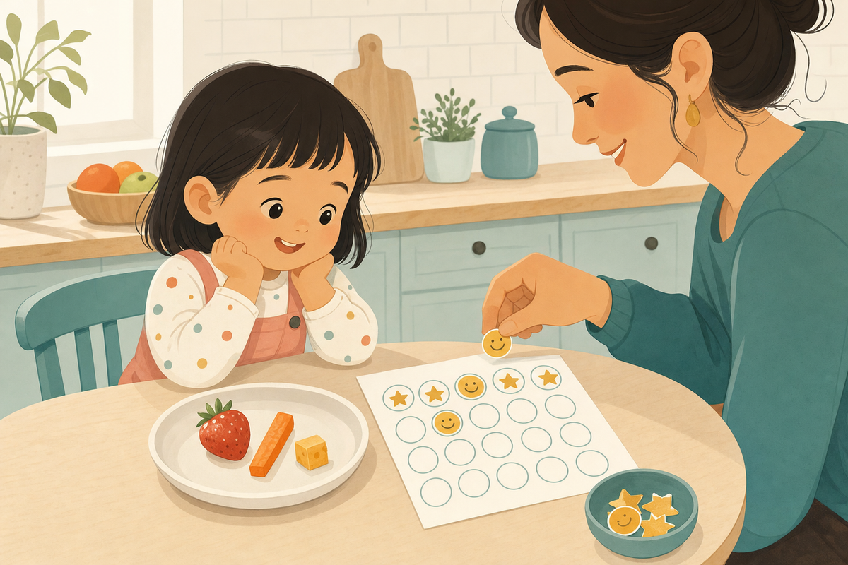 Flat illustration of a kitchen table with a plate of small food pieces and a printable sticker chart partly filled with gold star stickers, representing a no-pressure approach to helping picky eaters try new foods.