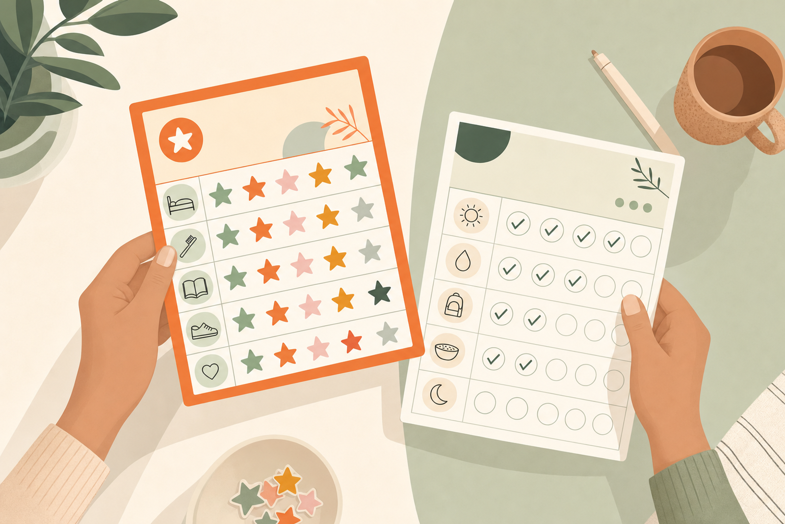 Illustration comparing a sticker chart and reward chart held side by side, representing different approaches to motivating children
