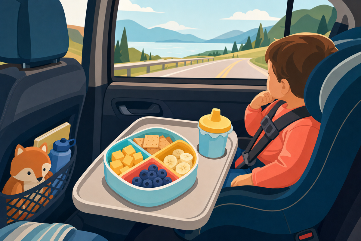 Flat illustration of a toddler's car seat tray with a colorful snack container and spill-proof cup, representing easy road trip snacks for kids.