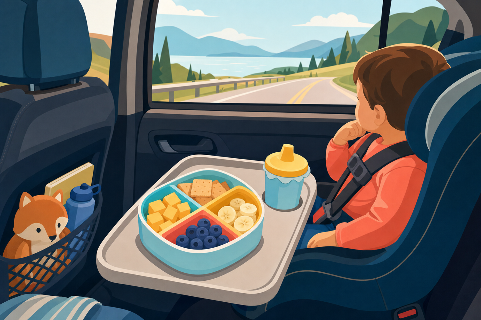Flat illustration of a toddler's car seat tray with a colorful snack container and spill-proof cup, representing easy road trip snacks for kids.
