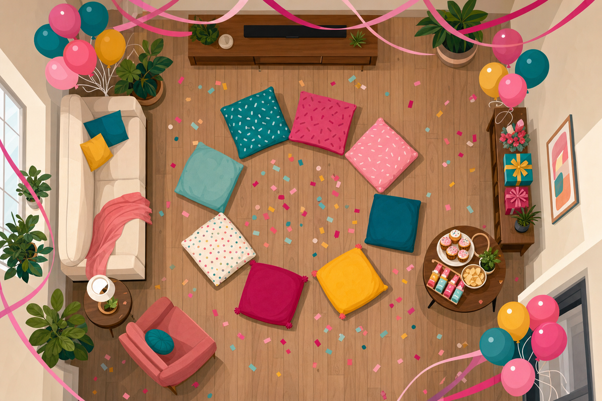 Illustrated overhead view of a small living room creatively arranged for a children's birthday party with space-saving solutions including floor cushions, wall decorations, and compact party stations