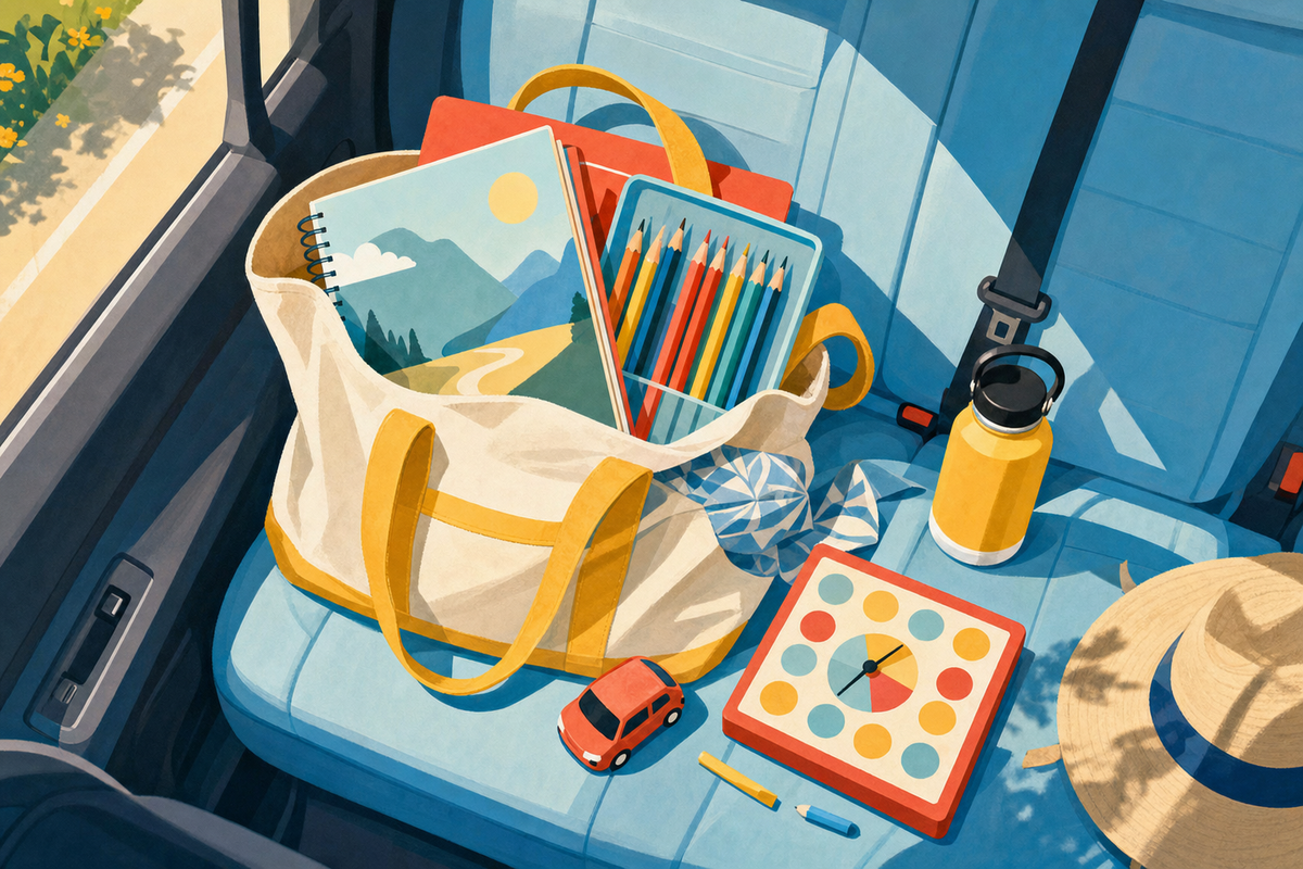 Flat illustration of an organized road trip activity bag with colorful items like sketchbooks and toys spilling onto a car seat