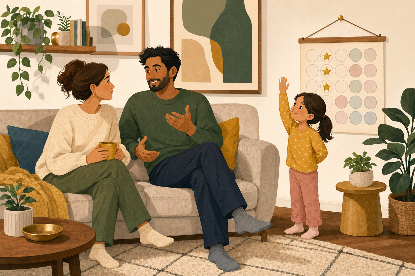 Flat illustration of a child patiently raising a hand while waiting to speak, next to a sticker chart with gold stars on the wall, as two adults talk on a sofa.