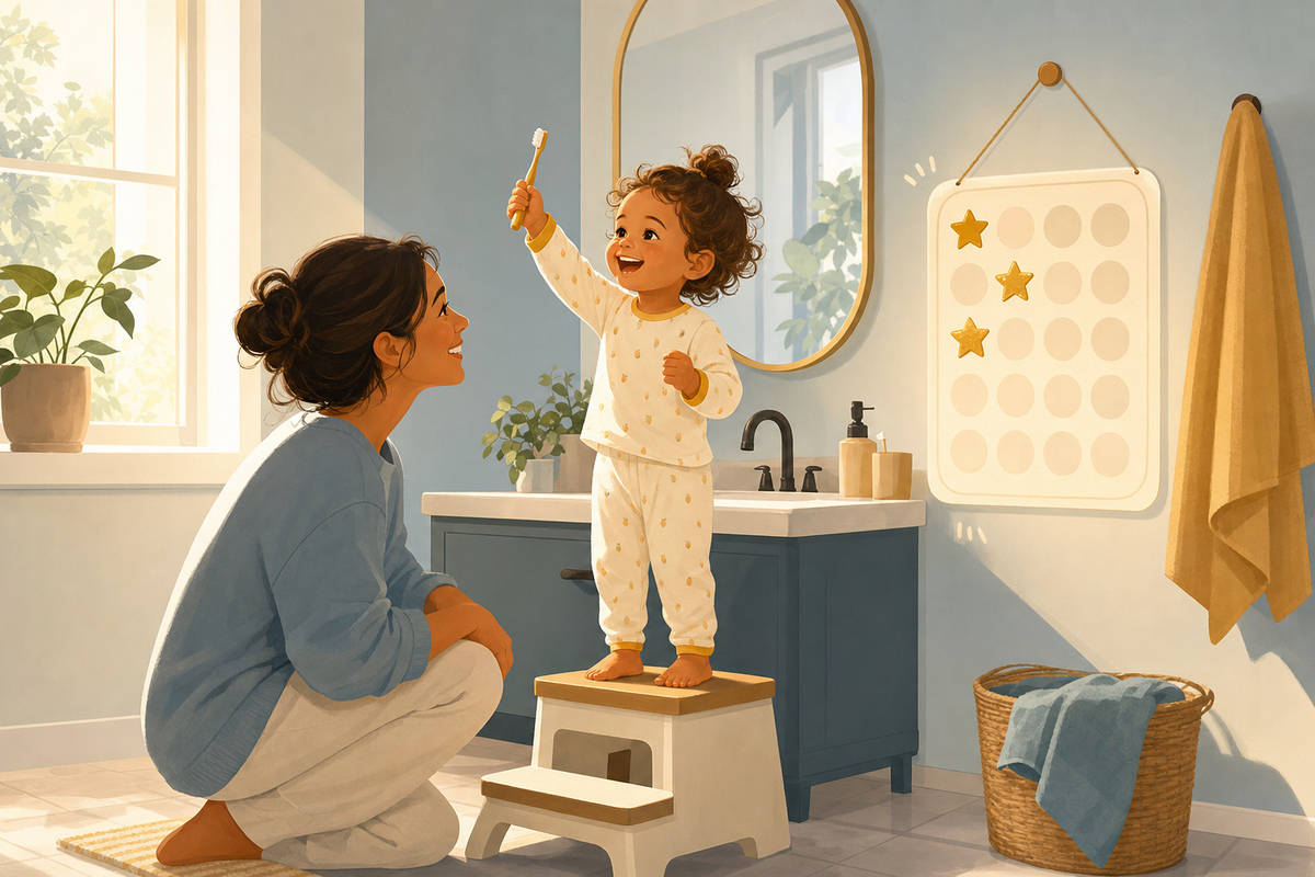 Flat illustration of a smiling toddler brushing teeth at the sink while a parent watches, with a gold-starred sticker chart on the wall nearby.
