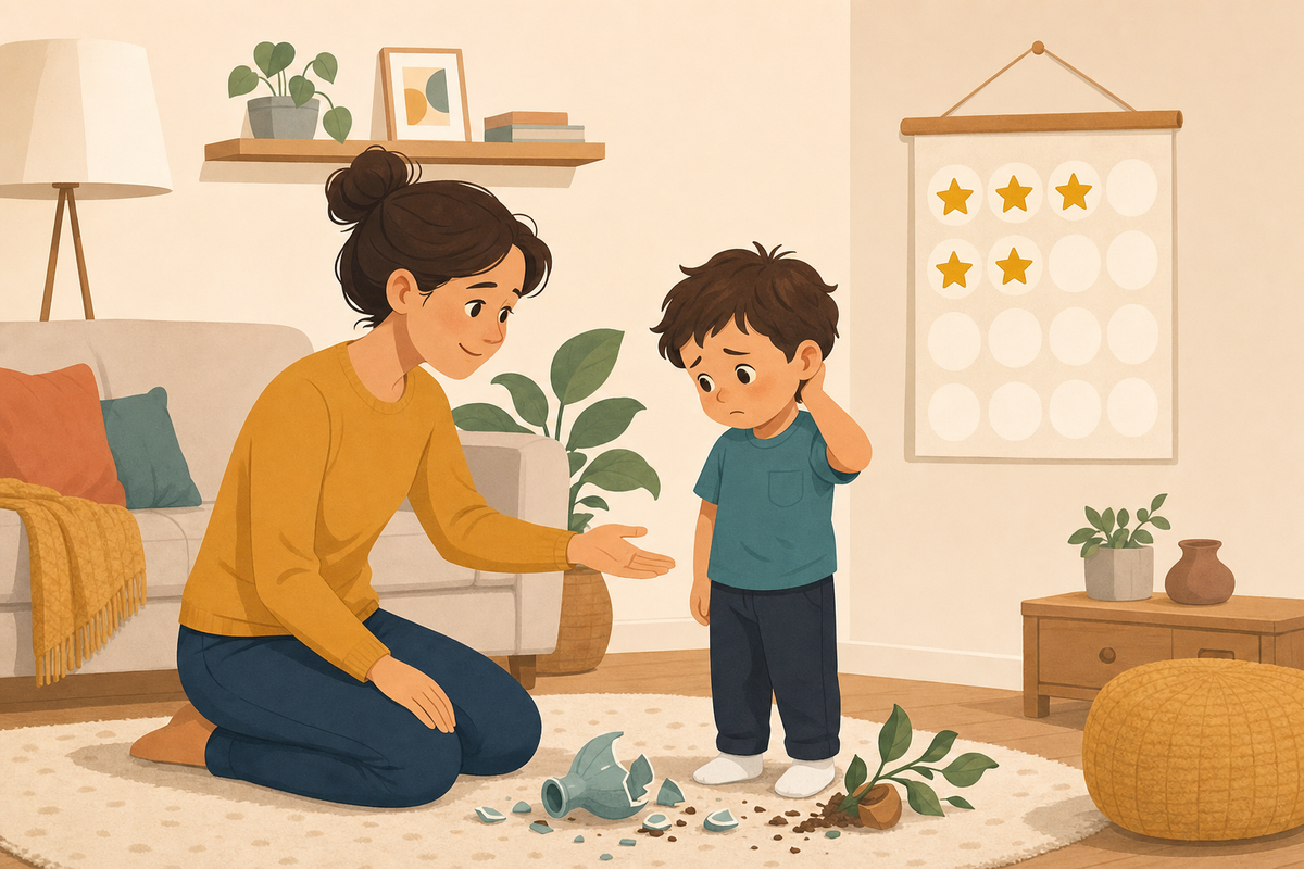 Flat illustration of a parent gently reassuring a child near a broken toy, with a sticker chart with gold stars on the wall symbolizing encouragement over punishment.