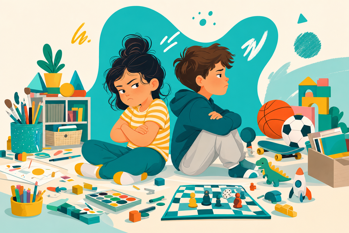 Illustration of two bored siblings sitting apart with toys and activities around them