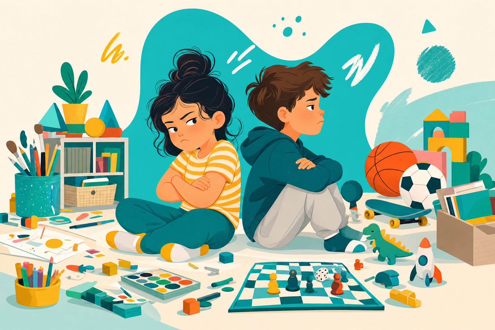 Illustration of two bored siblings sitting apart with toys and activities around them