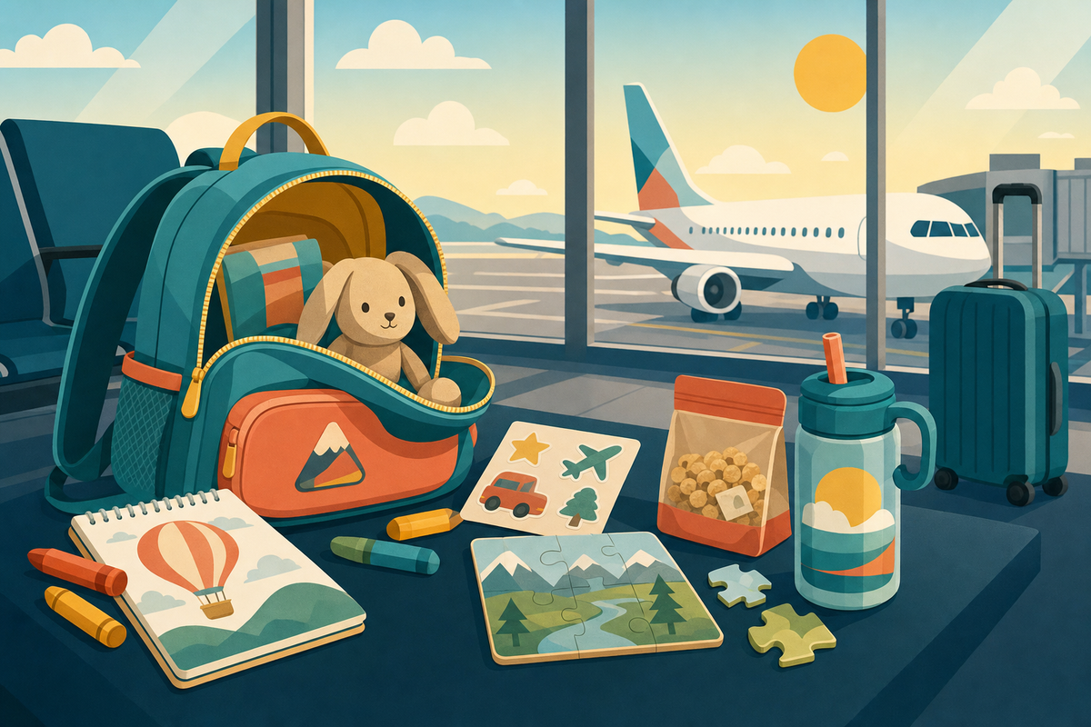 Flat illustration of a toddler backpack open at an airport gate, filled with coloring supplies, a plush toy, stickers, and snacks, with an airplane visible through the window in the background.