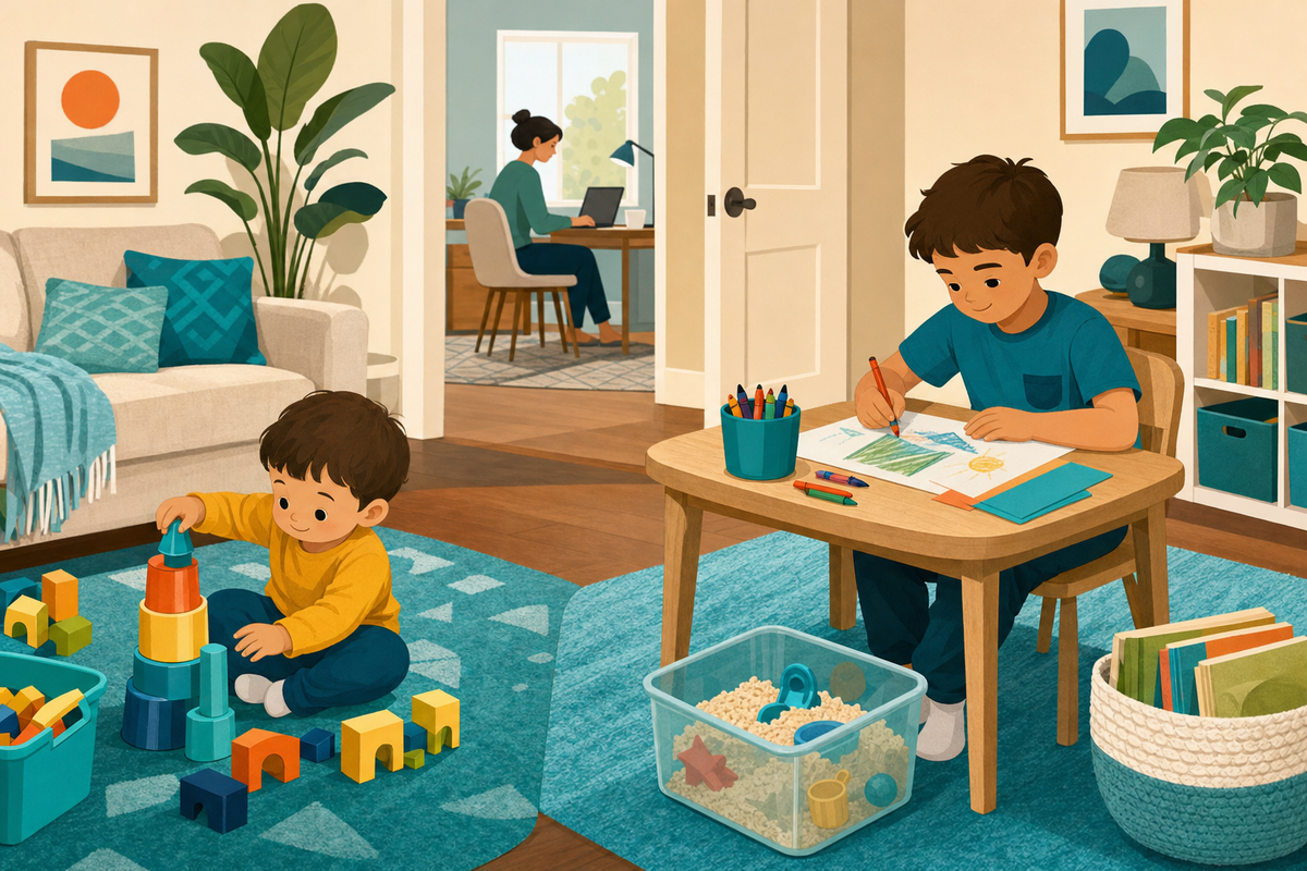 Flat illustration of two siblings quietly playing with blocks and drawing in a cozy living room while a parent works on a laptop in the background.