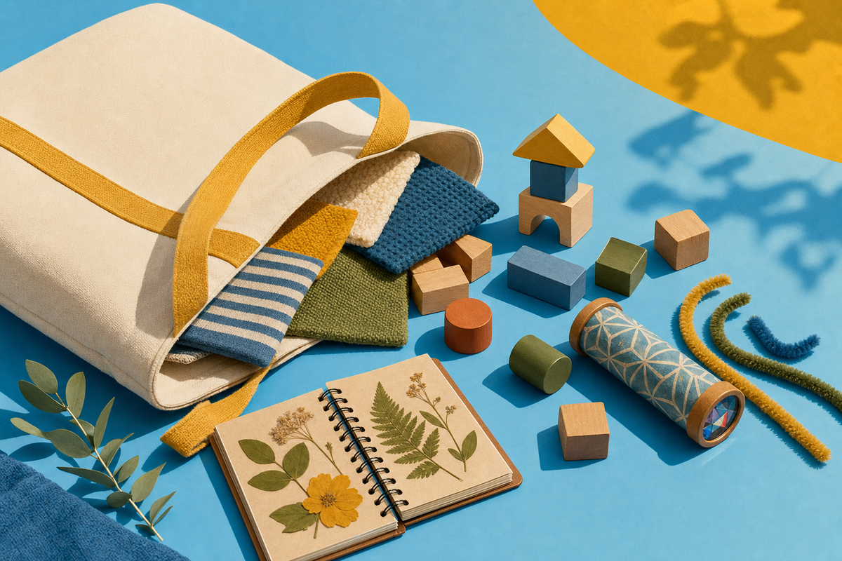 Illustrated tote bag with screen-free travel activities including tactile toys, building blocks, and a nature journal spilling onto a blue background