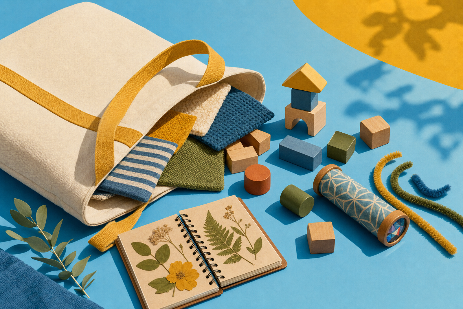 Illustrated tote bag with screen-free travel activities including tactile toys, building blocks, and a nature journal spilling onto a blue background