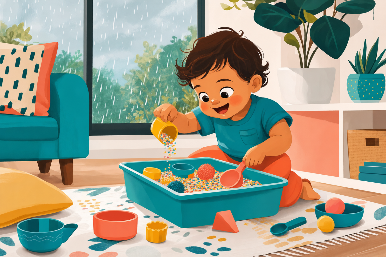 Illustration of a toddler engaged in indoor sensory play activities by a rainy window