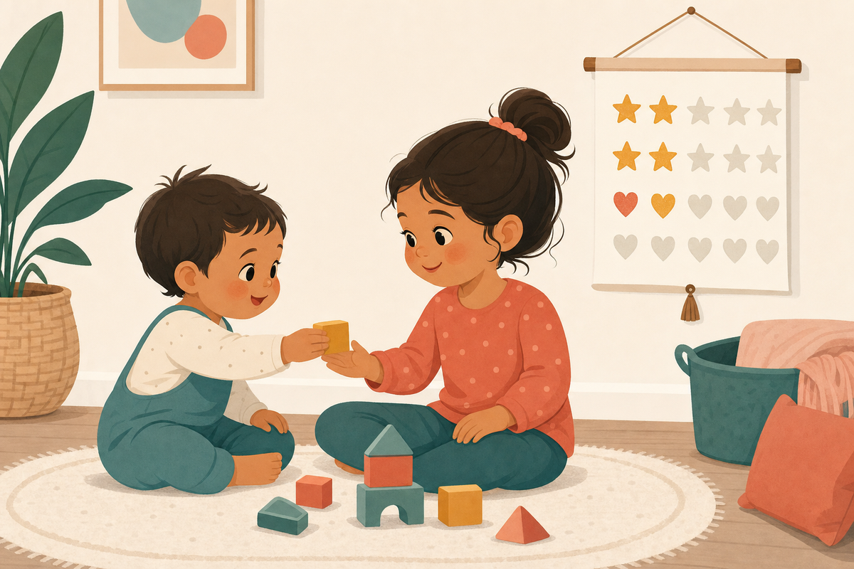 Flat illustration of two siblings happily sharing a toy beside a wall-mounted printable reward chart with star stickers.