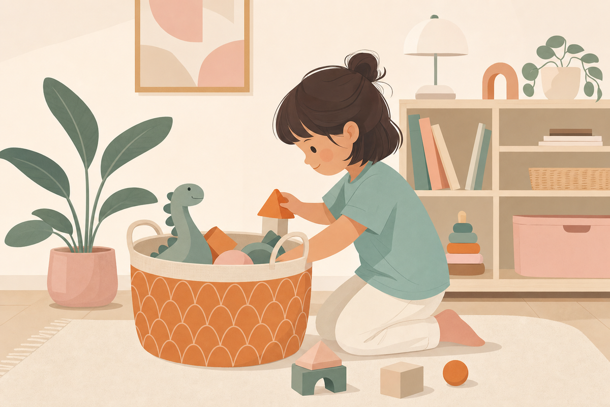 Illustration of a young child organizing toys into a basket, representing age-appropriate chores for preschoolers