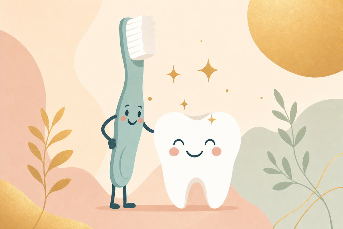 Cheerful illustration of an animated toothbrush and smiling tooth with sparkles, representing encouraging toddler tooth brushing habits