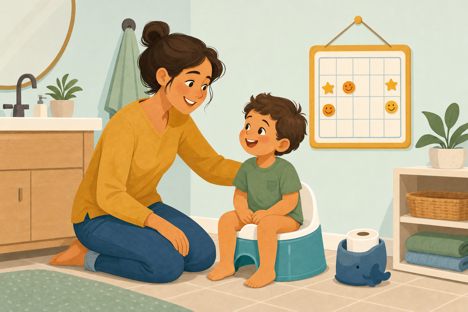 Illustration of a parent and toddler smiling near a potty and a sticker chart with star stickers, representing gentle potty training encouragement.