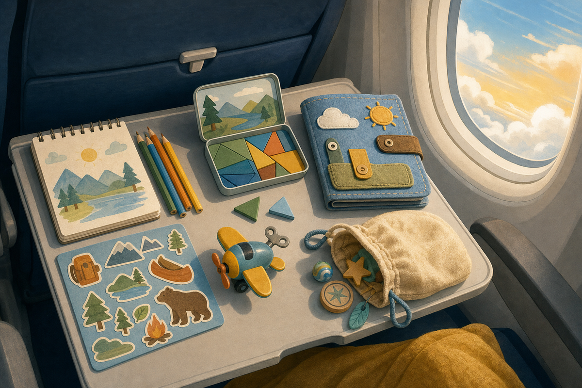 Flat illustration of an airplane tray table covered with screen-free activities like a sketchbook, puzzle, and busy-book, with clouds visible through the window.