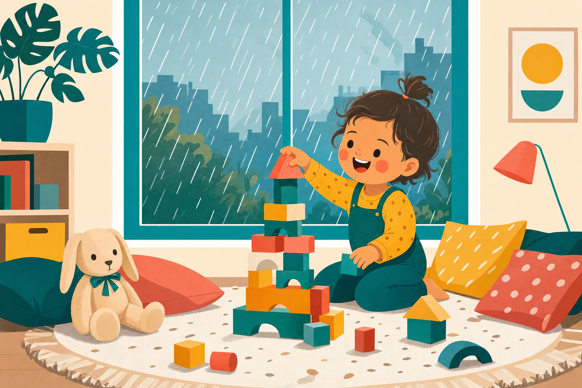 Illustration of a toddler playing with toys indoors while rain falls outside the window