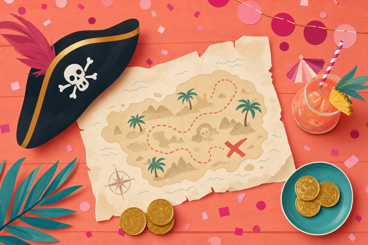Flat illustration of a pirate party setup with treasure map, gold coins, and festive party elements in a modern editorial style
