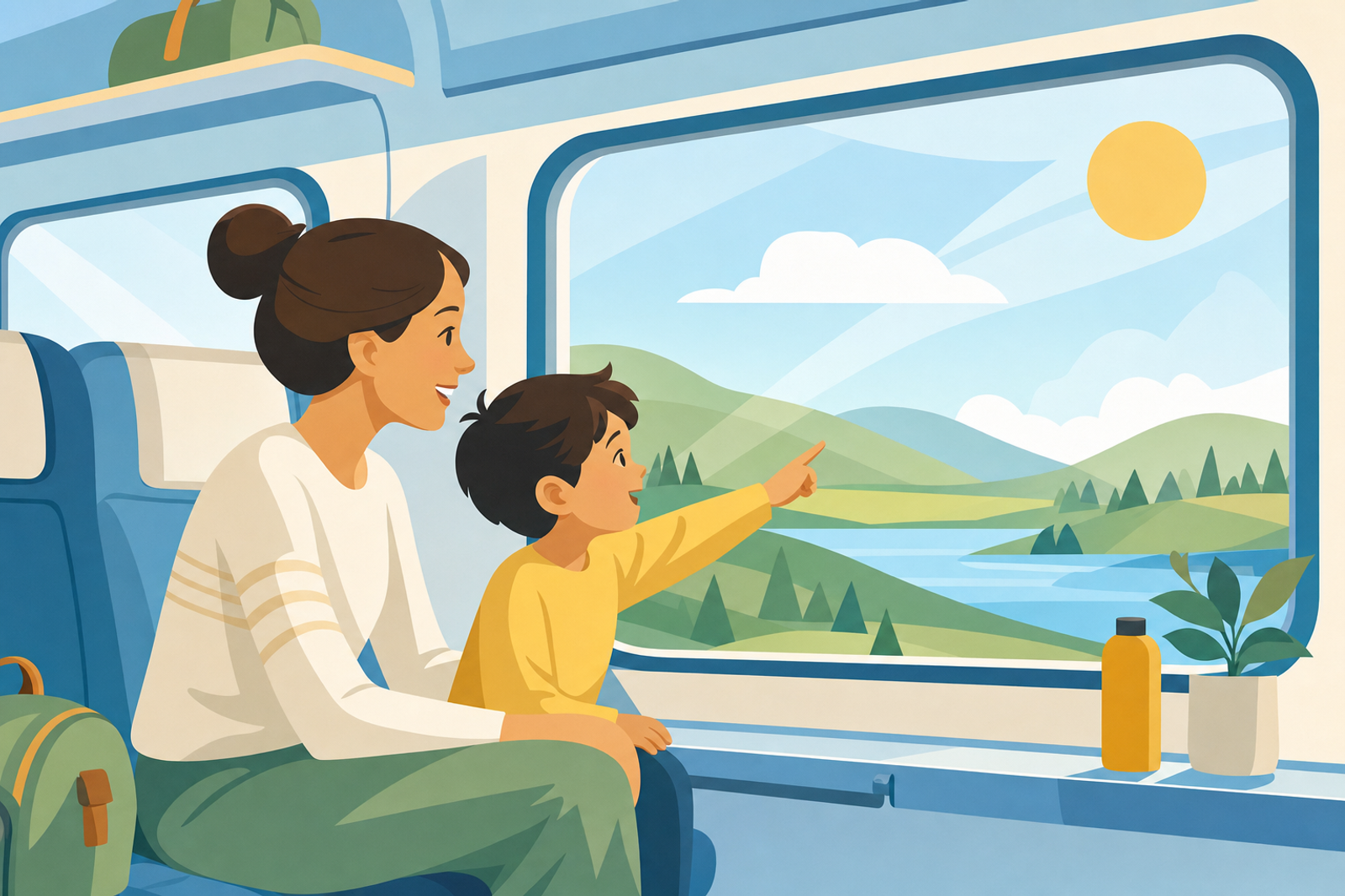 Illustration of parent and young child enjoying quality time together on a train, with child pointing excitedly at scenery through window