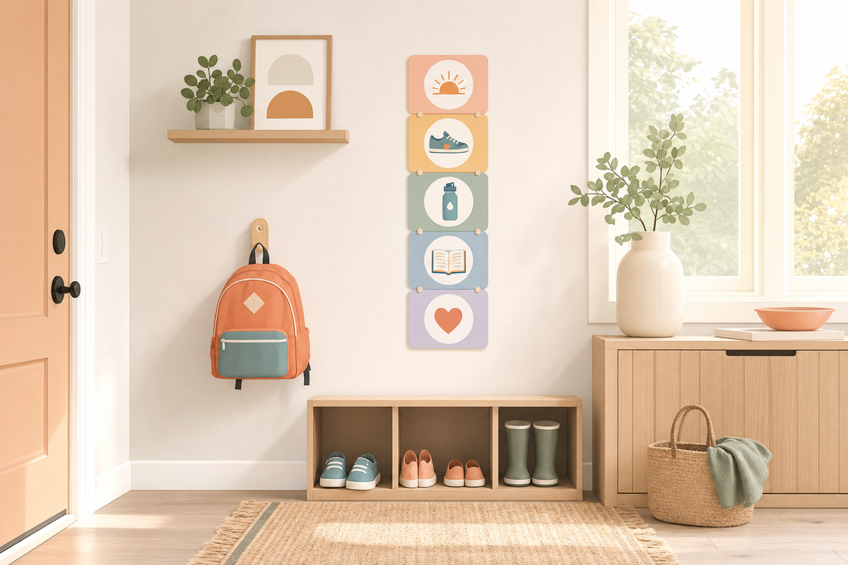 Calm, organized entryway with child-height hooks, backpack, and visual routine chart showing after-school steps