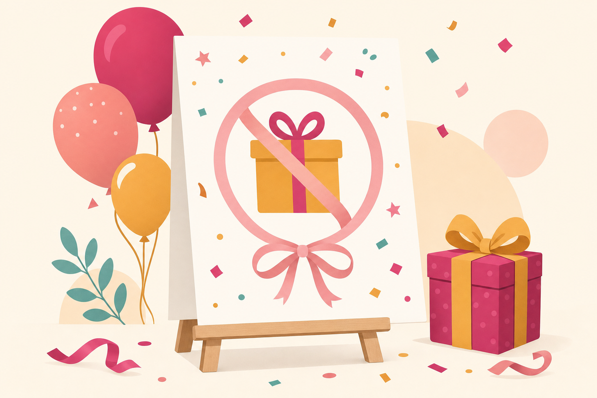 Illustration of a birthday invitation card with a gentle no-gifts symbol, balloons, and confetti in a modern flat design.