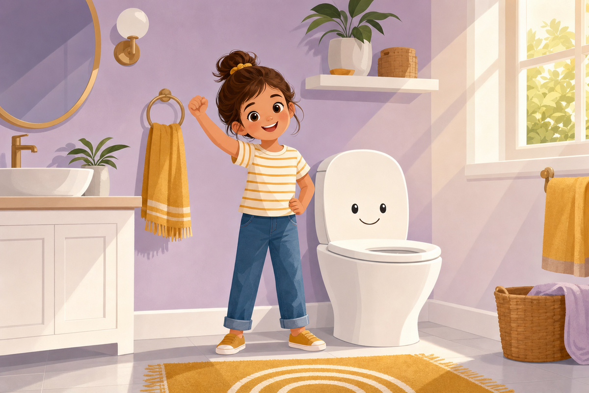 Illustration of a confident young girl standing beside a friendly toilet in a bright, welcoming bathroom with warm sunlight and calming colors