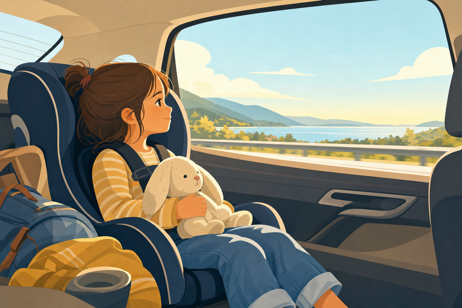 Illustration of a calm child in a car seat looking peacefully out the window during a road trip
