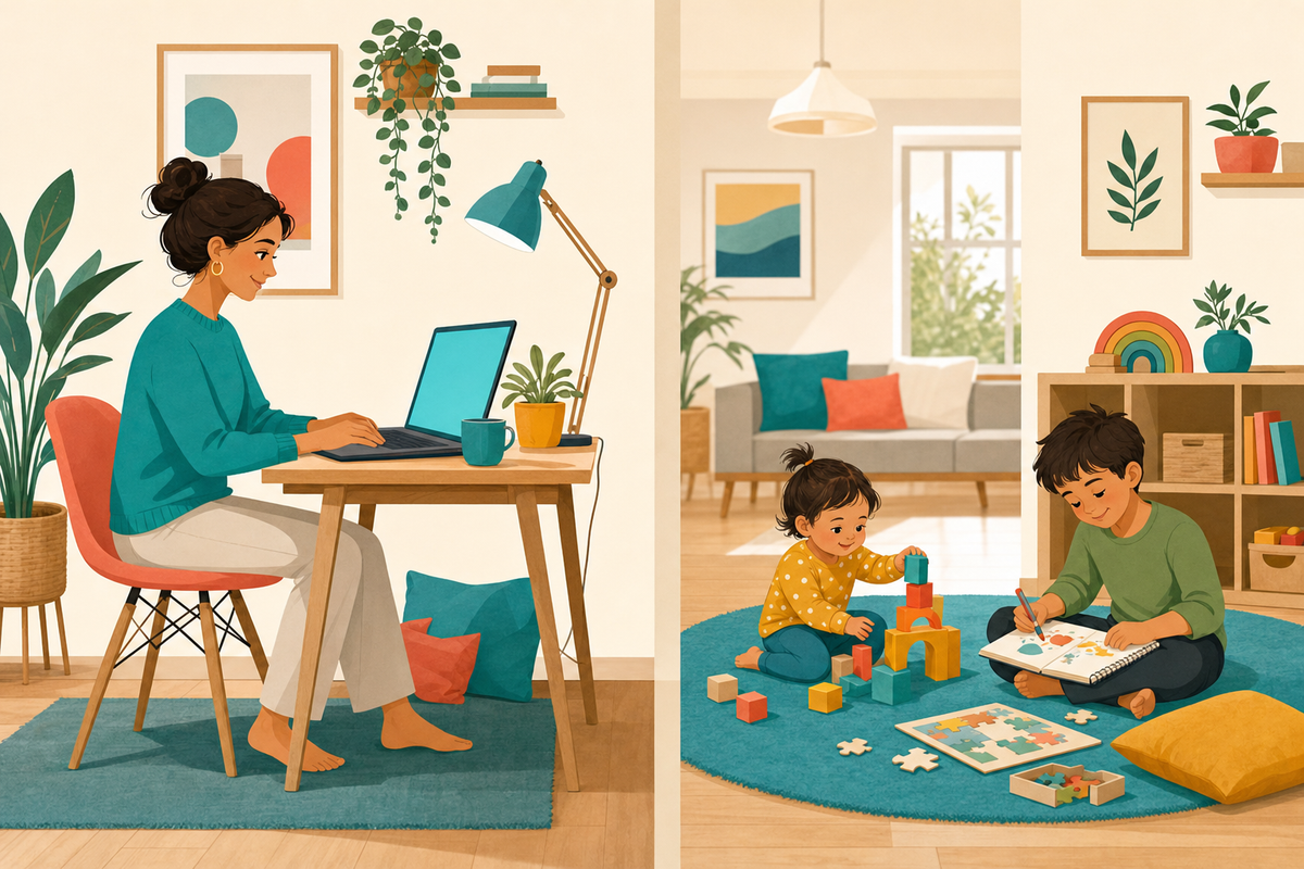 Flat illustration of a parent working at a laptop while two kids quietly play with blocks, drawing, and puzzles nearby in a warm, teal-accented home scene.