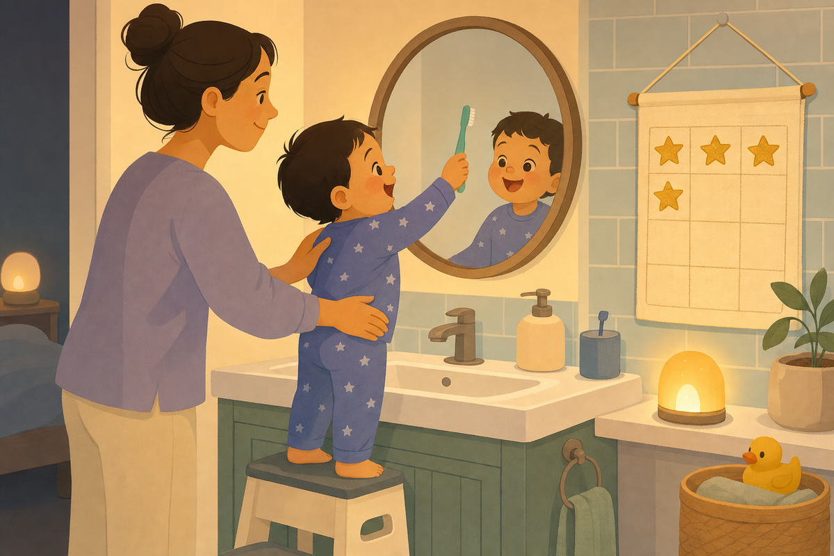 Flat illustration of a happy toddler brushing teeth at bedtime next to a sticker chart with gold star stickers on the bathroom wall.