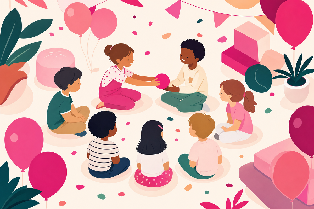 Illustration of young children sitting in a circle playing a party game together, shown from above in a modern flat art style with festive pink accents