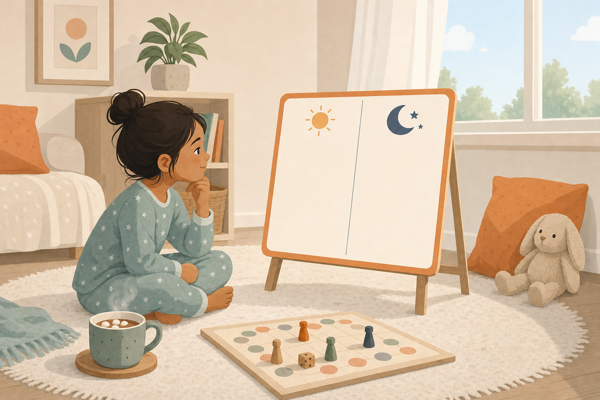 Flat illustration of a child looking at a simple printable weekend routine chart with sun and moon icons, surrounded by cozy weekend items like cocoa and a board game.