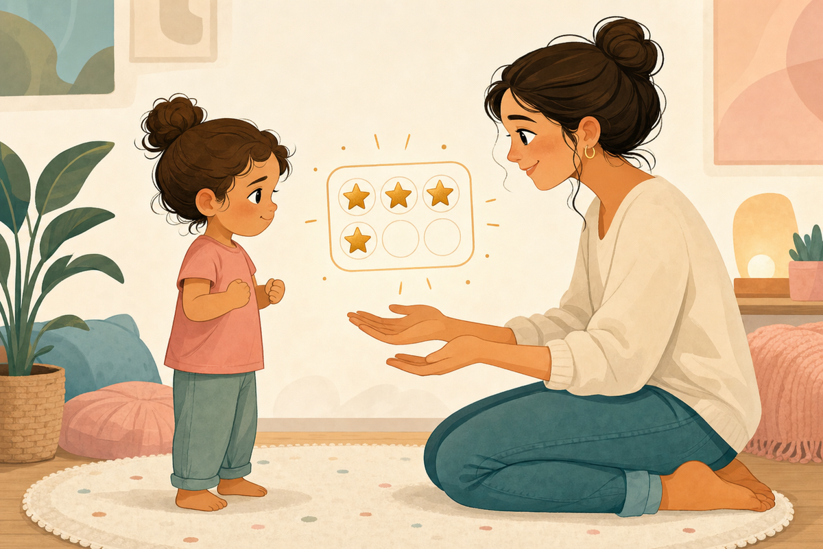 Flat illustration of a parent calmly comforting a young child next to a gold-starred sticker chart, symbolizing gentle behavior support without conflict.