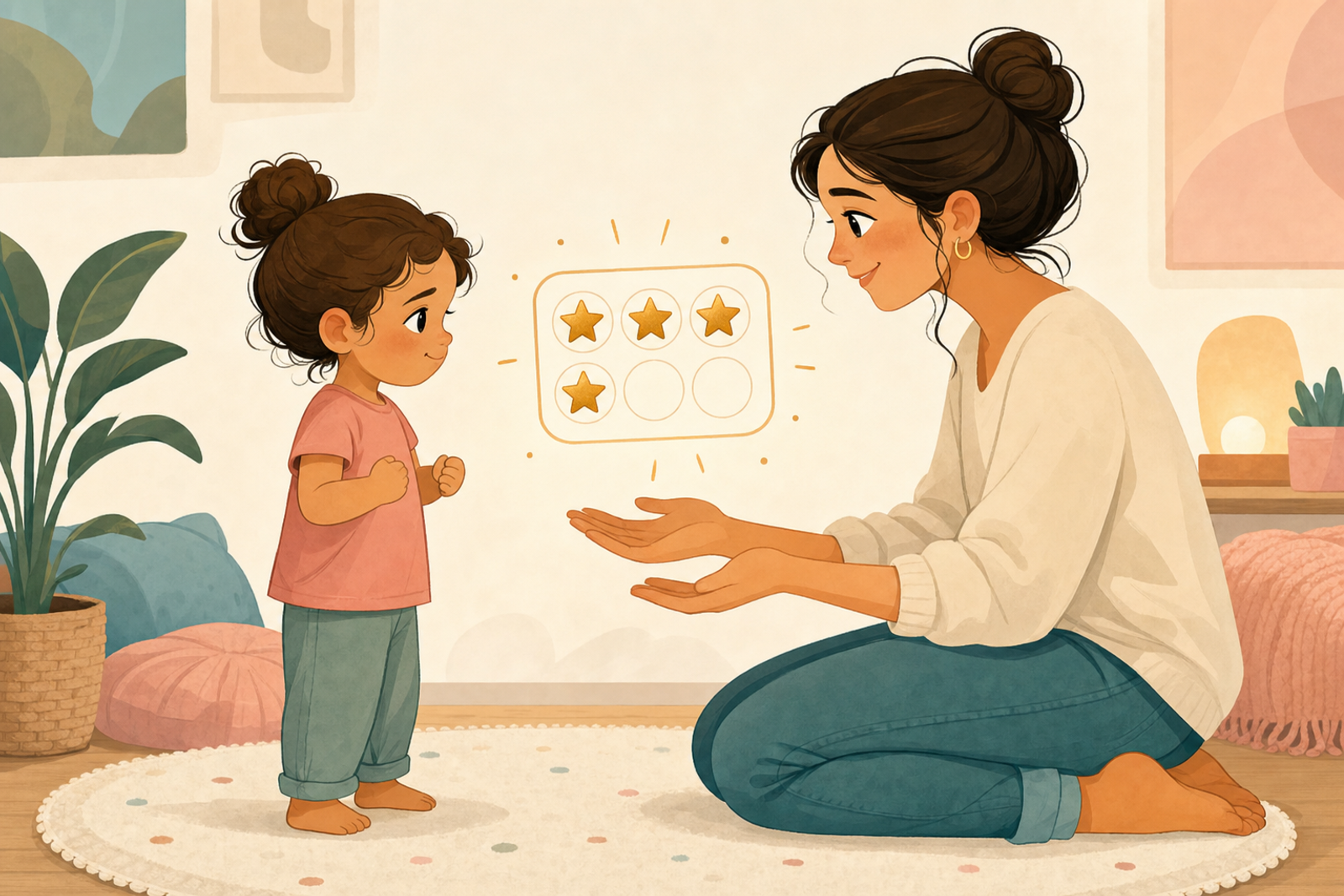 Flat illustration of a parent calmly comforting a young child next to a gold-starred sticker chart, symbolizing gentle behavior support without conflict.