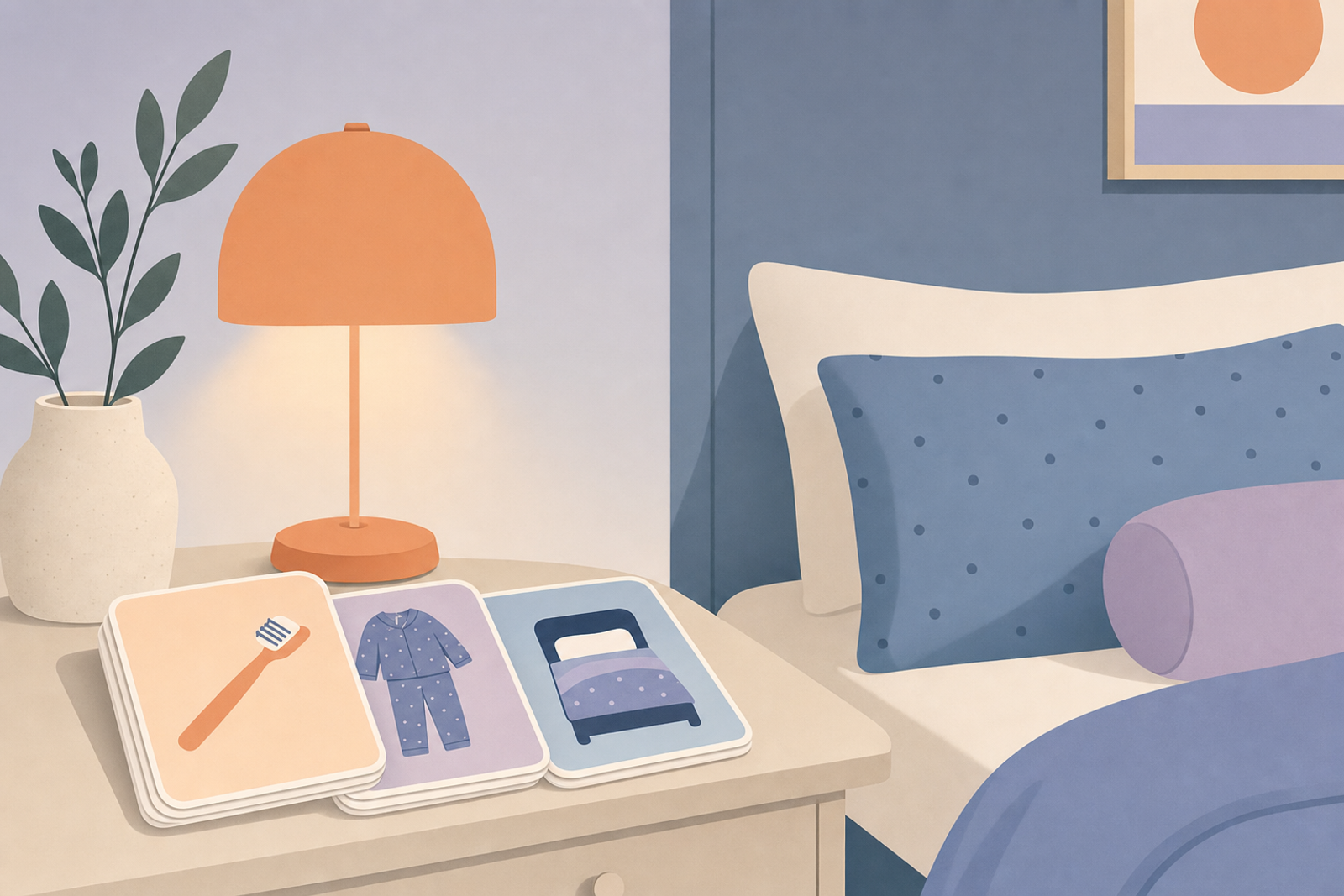 Flat illustration of visual cue cards on a bedside table showing simple icons for bedtime routine tasks