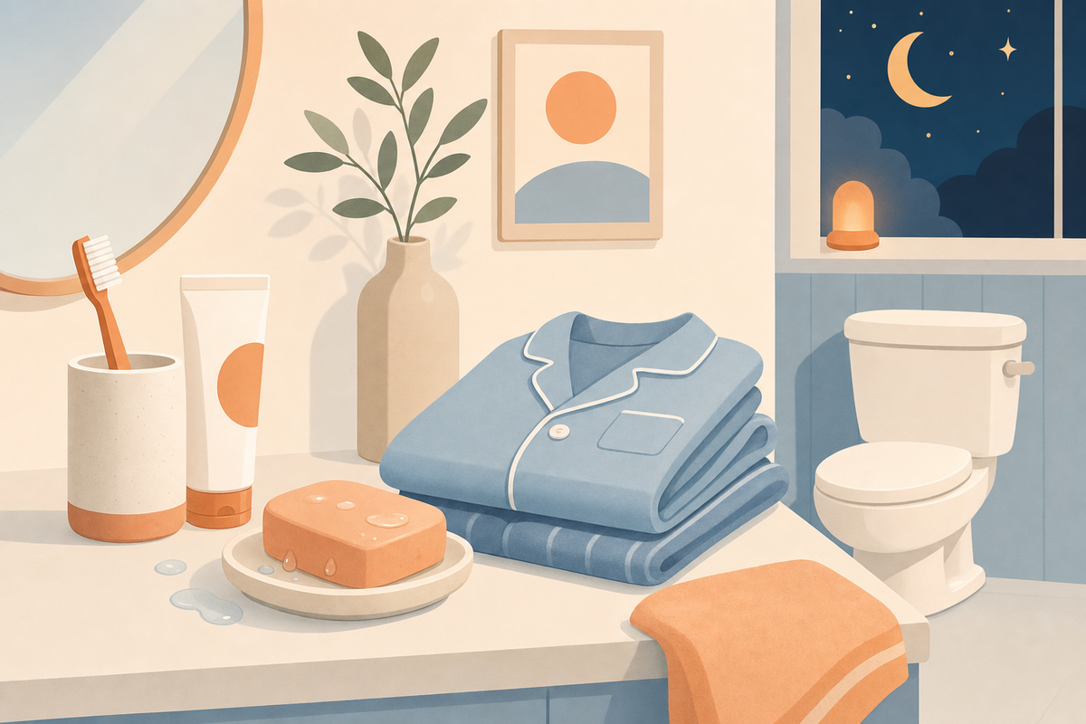 Flat illustration of bathroom routine items including toothbrush, soap, pajamas and toilet in soft pastel colors representing a child's bedtime routine