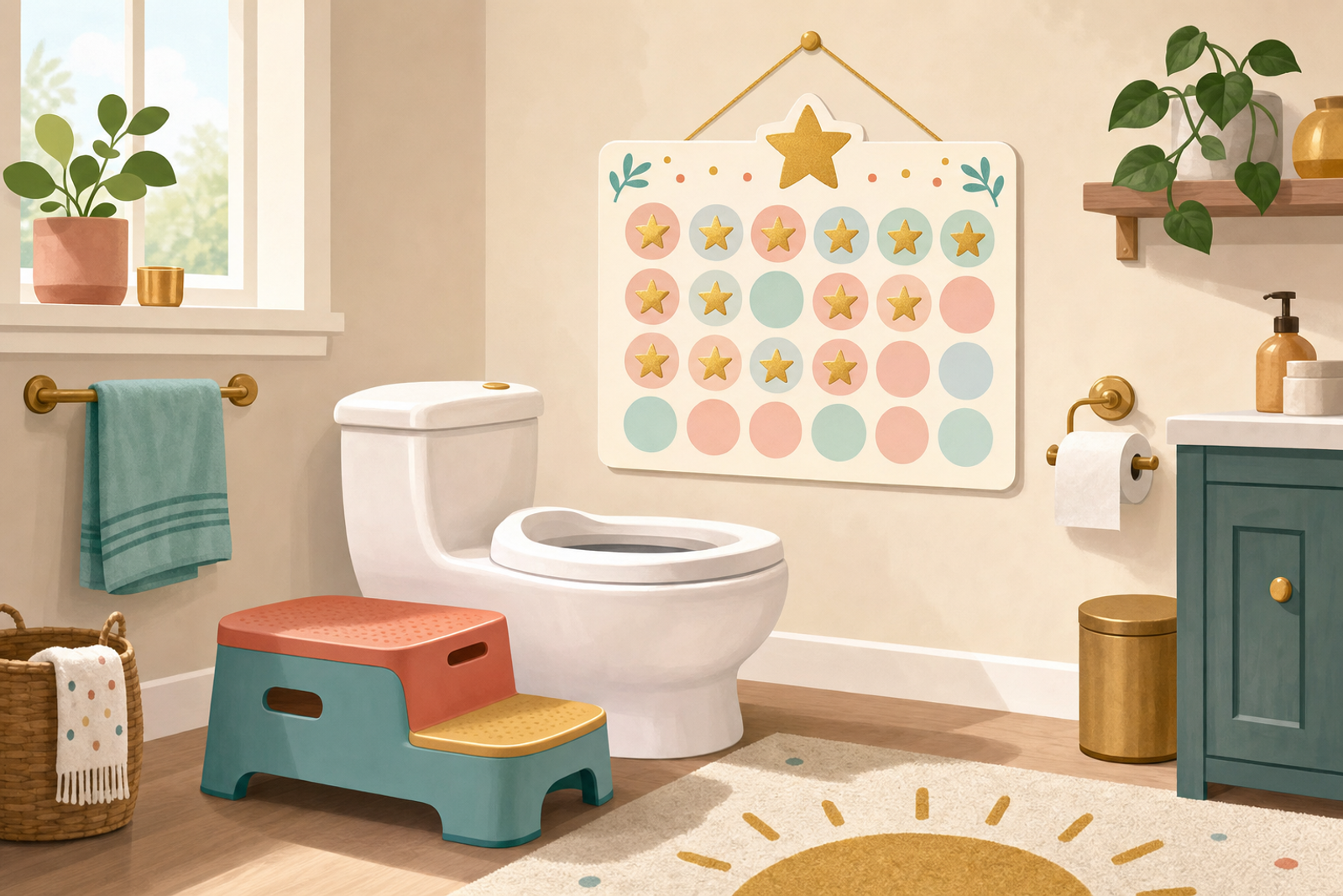 Cheerful bathroom setup with potty training sticker chart and encouraging elements for reluctant preschoolers