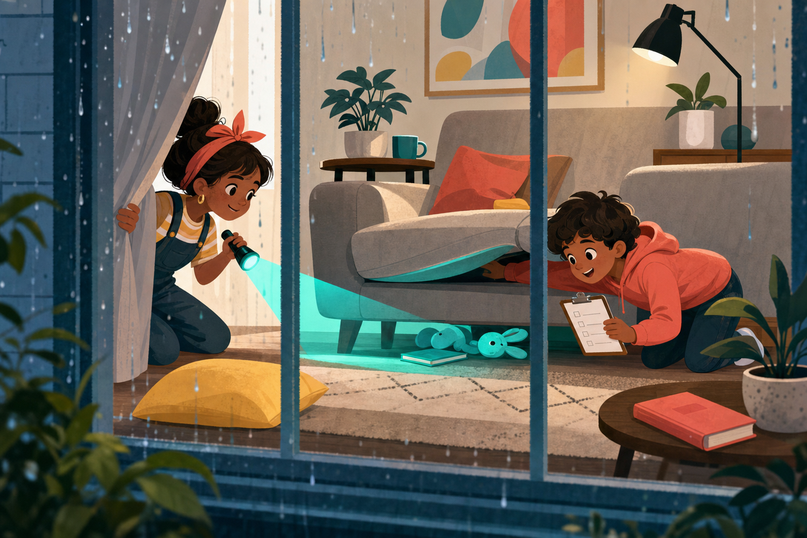 Flat illustration of two kids on an indoor scavenger hunt in a cozy living room on a rainy day, using a teal flashlight to search for hidden items.