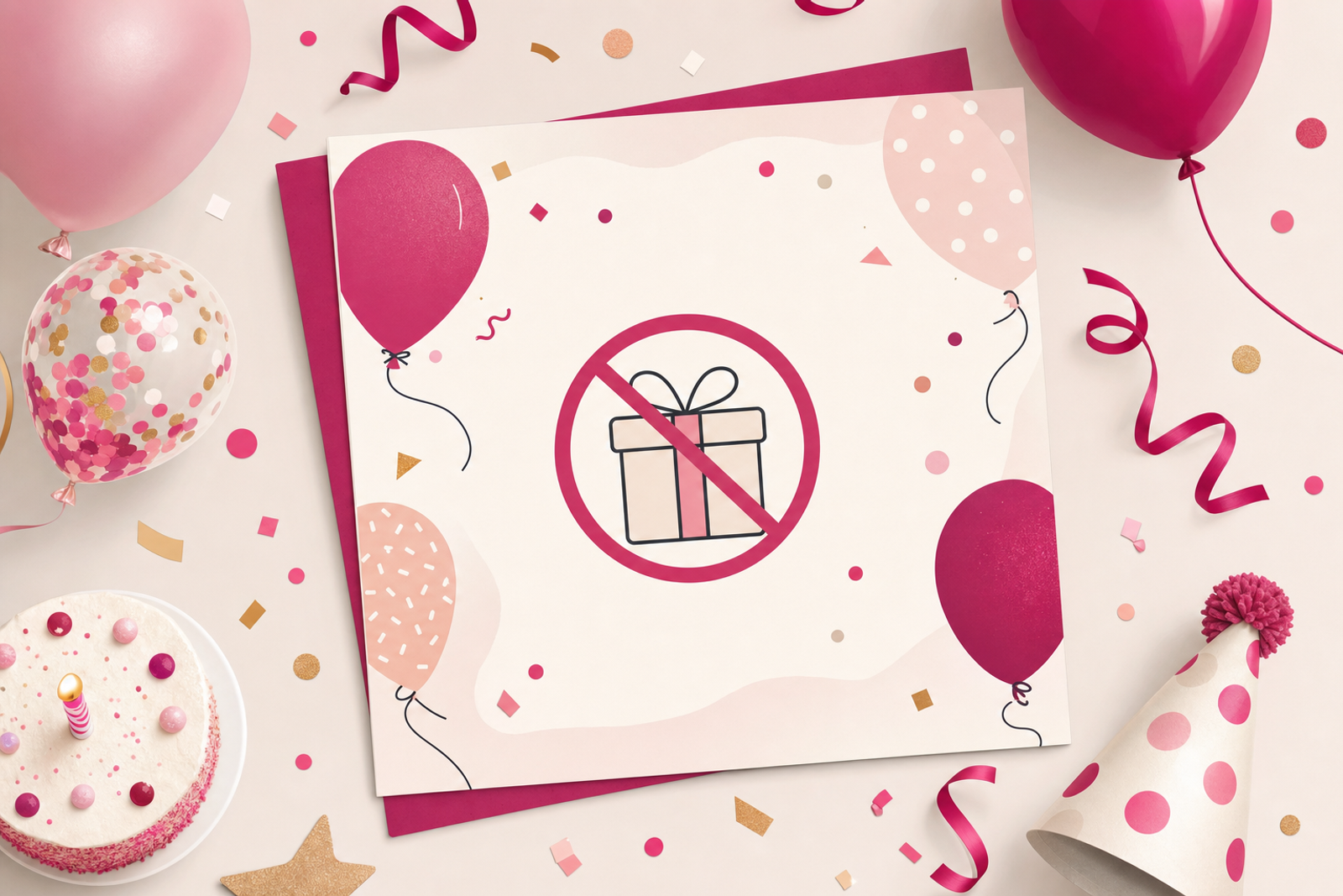 Flat illustration of a birthday invitation card with a crossed-out gift icon, surrounded by balloons and confetti in a festive pink and magenta palette.