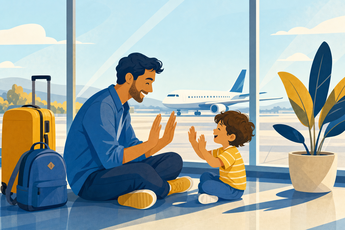Parent and child playing a hand-clapping game together on an airport floor during a layover