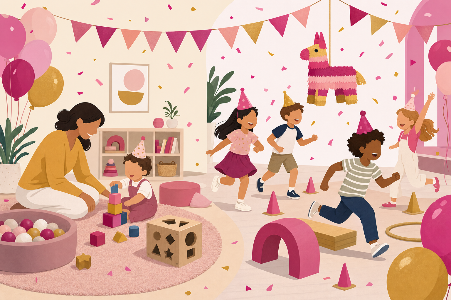 Flat illustration of a birthday party divided into a calm sensory play area for a toddler and an active play zone for older kids, connected by festive banners and confetti in pink and magenta tones.