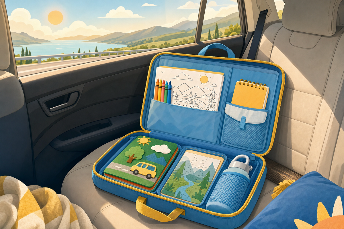Flat illustration of an organized kids travel activity bag open on a car seat, filled with coloring supplies, a notebook, and a small puzzle, with a highway visible through the window.