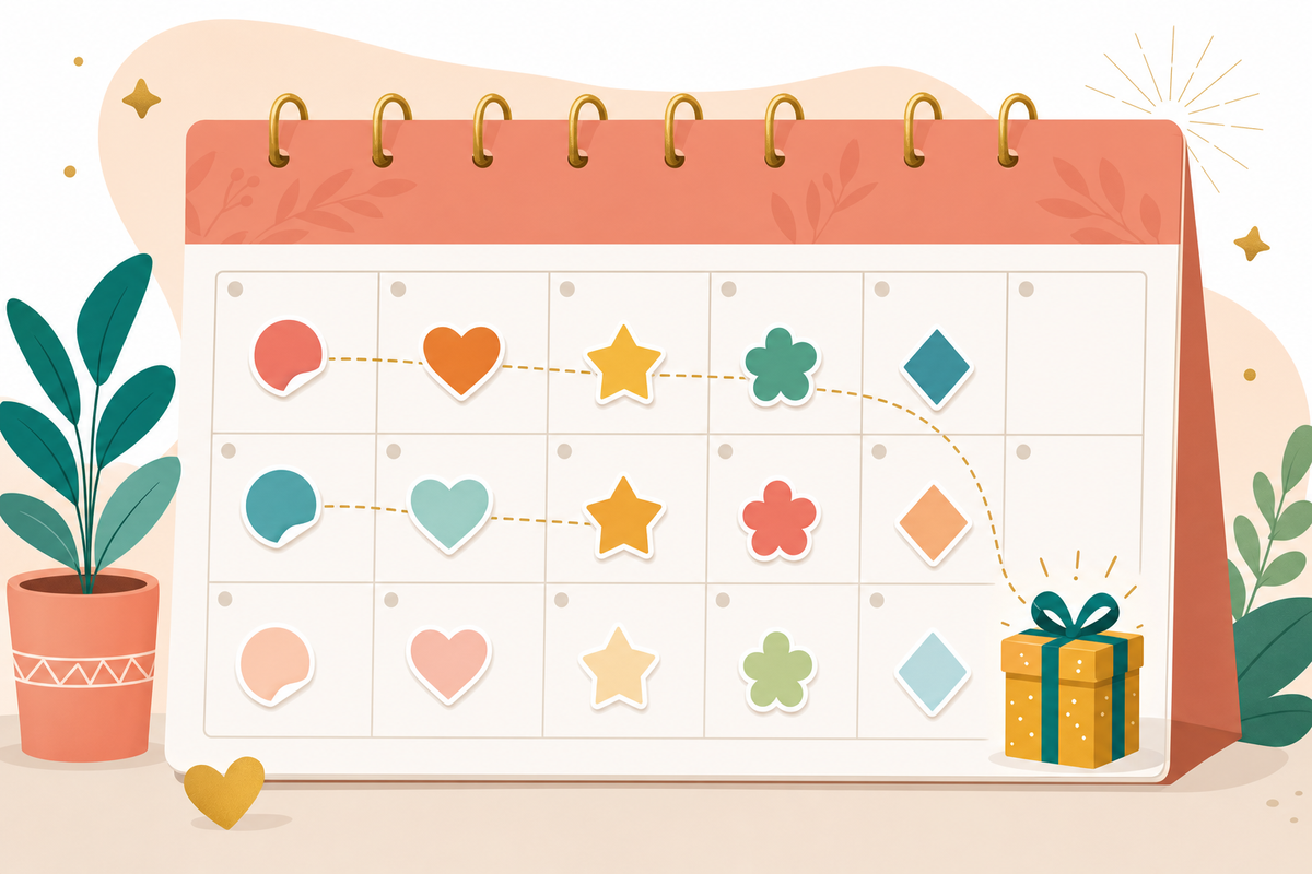 Calendar with colorful stickers tracking progress toward a gift reward